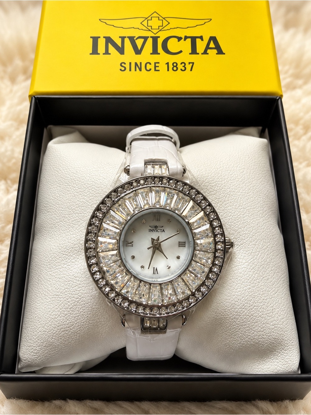 Invicta Crystal Bezel White Strap Mother-of-Pearl Watch with Box